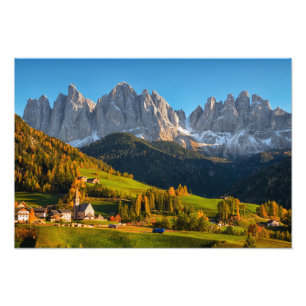 Church and village with mountains landscape photo print