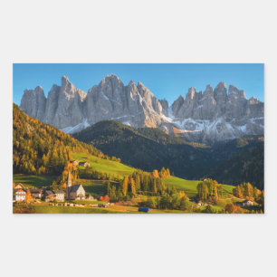 Church and village with mountains landscape rectangular sticker