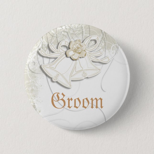 Church bells n floral wedding white 6 cm round badge (Front)