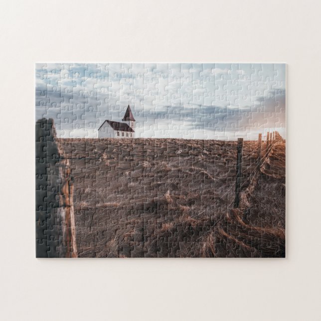 Church Building & Hay Field During Sunset Jigsaw Puzzle (Horizontal)