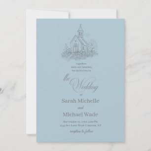 Church Calligraphy Winter Blue Wedding Invitation