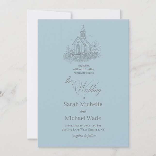 Church Calligraphy Winter Blue Wedding Invitation (Front)
