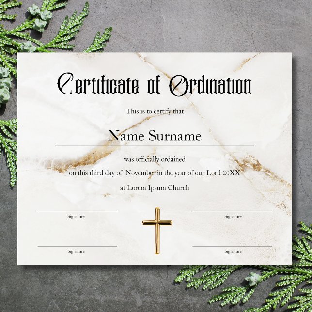 Church Certificate of Ordination Ministry (Certificate of ordination white marble background and gold cross)