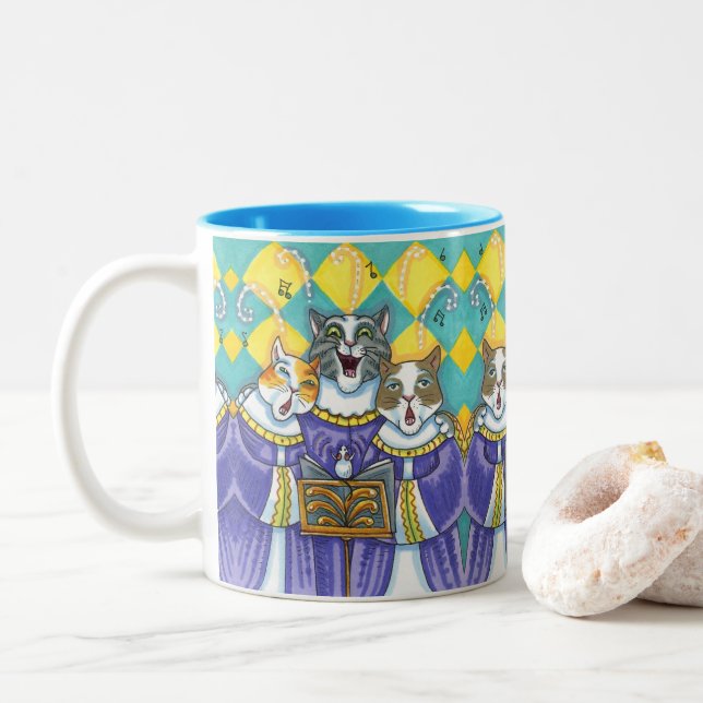 CHURCH CHOIR CATS & MOUSE SINGING CHRISTMAS CAROLS Two-Tone COFFEE MUG (With Donut)