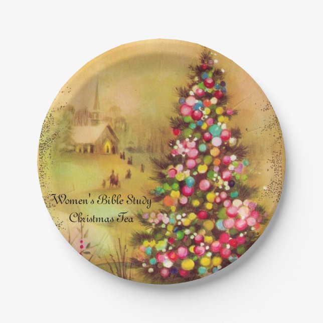 Church & Christmas Tree Personalise Paper Napkins Plate (Front)