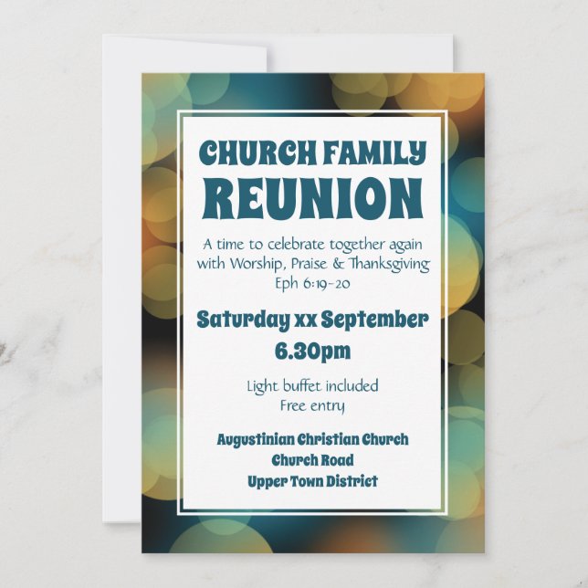 CHURCH FAMILY REUNION Customised Modern Blue Bokeh Invitation (Front)