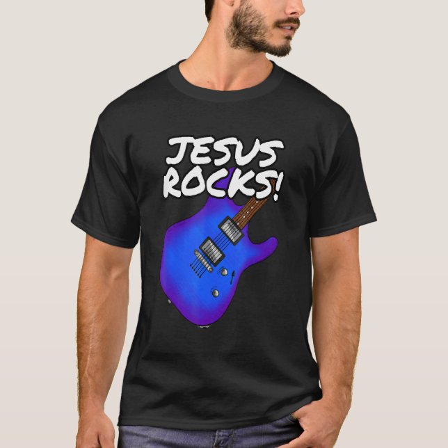 Church Guitarist Jesus Rocks Electric Guitar T-Shirt (Front)