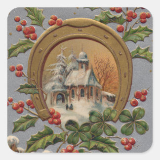 Church Holly Four Leaf Clover Gold Horseshoe Square Sticker