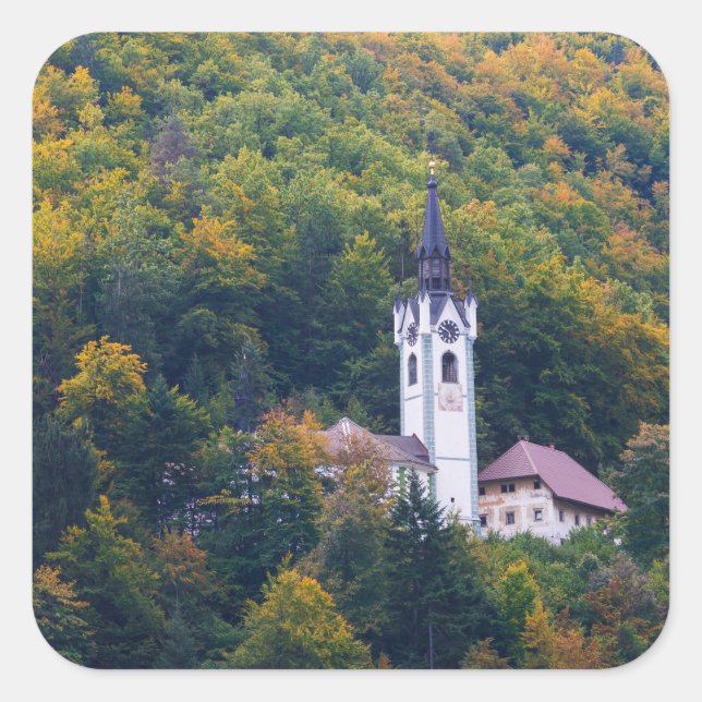 Church in a fall forest in Slovenia Square Sticker (Front)