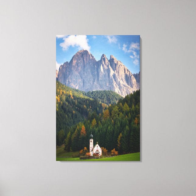 Church in front of Dolomites mountains in Italy Canvas Print (Front)