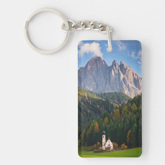 Church in front of Dolomites mountains in Italy Key Ring (Front)