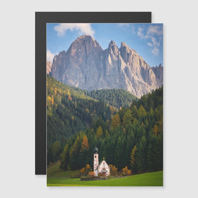 Church in front of Dolomites mountains in Italy Magnetic Invitation (Front/Back)