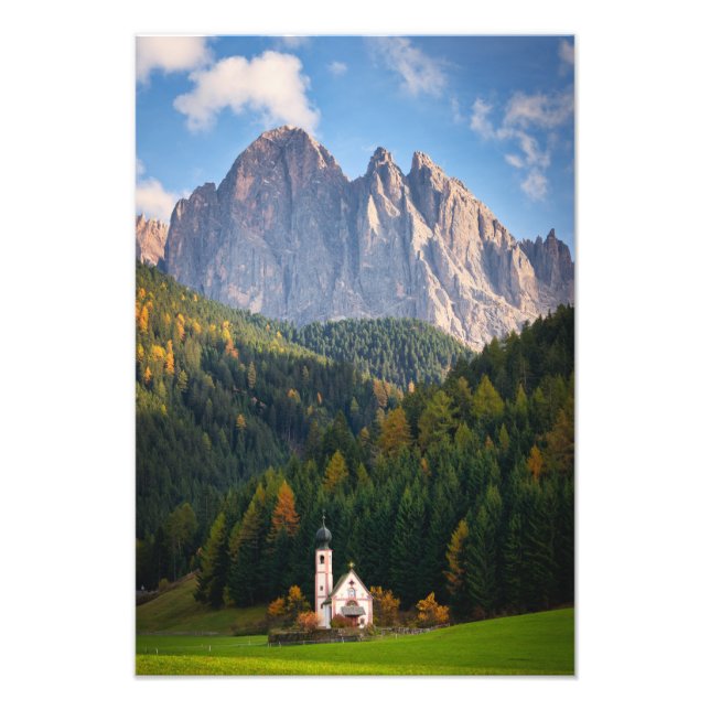 Church in front of Dolomites mountains in Italy Photo Print (Front)