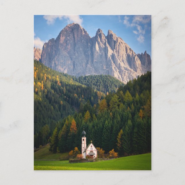 Church in front of Dolomites mountains in Italy Postcard (Front)