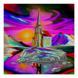 Church in psychedelic landscape 1 poster