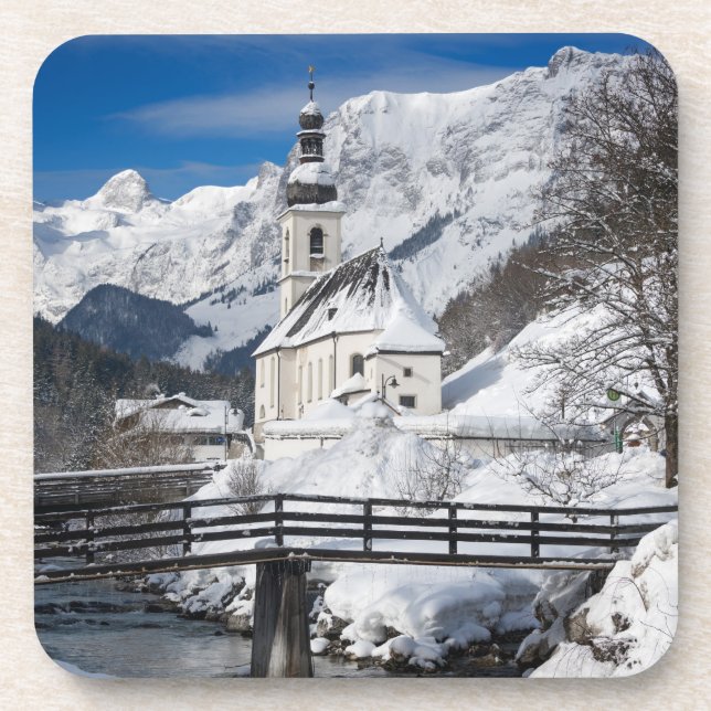 Church in the snow with Alps mountains Coaster (Front)