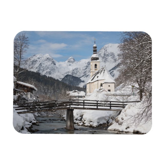 Church in the snow with Alps mountains in winter Magnet (Horizontal)