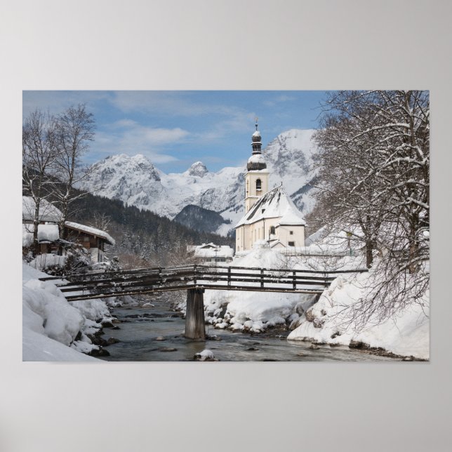 Church in the snow with Alps mountains in winter Poster (Front)