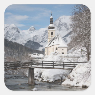 Church in the snow with Alps mountains in winter Square Sticker