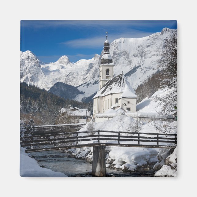 Church in the snow with Alps mountains Magnet (Front)