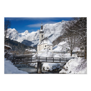 Church in the snow with Alps mountains Photo Print