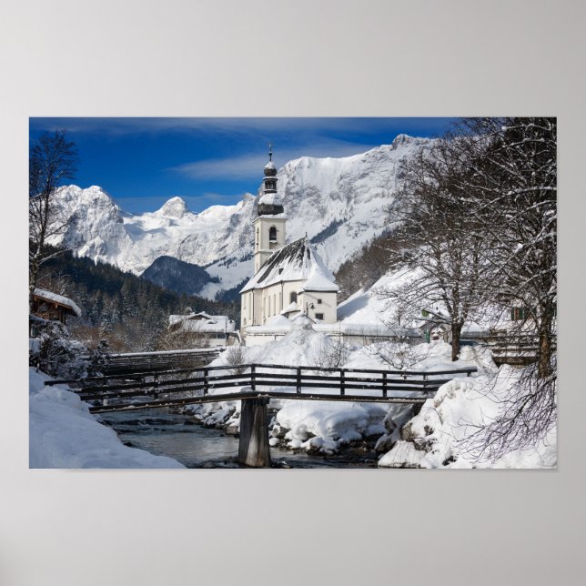 Church in the snow with Alps mountains Poster (Front)
