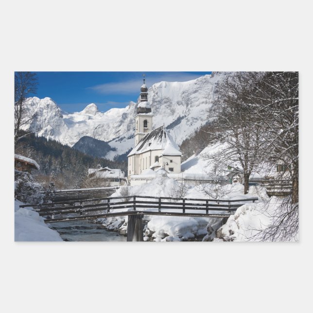 Church in the snow with Alps mountains Rectangular Sticker (Front)