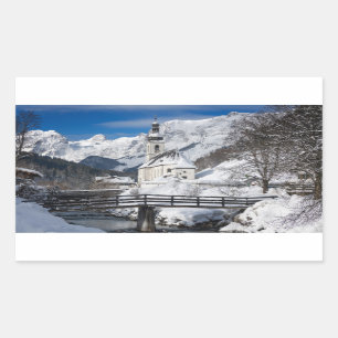 Church in the snow with Alps mountains Rectangular Sticker