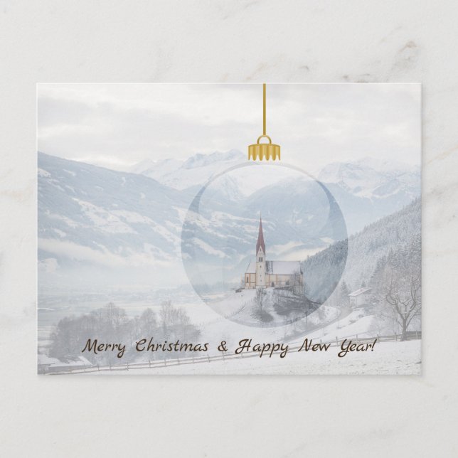 Church in winter in a glass ball christmas card (Front)