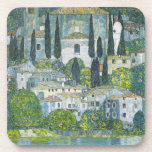 Church (Kirche) in Cassone by Gustav Klimt Coaster<br><div class="desc">Church in Cassone - Landscape with Cypresses (aka Kirche in Cassone - Landschaft mit Zypressen) (1913) by Gustav Klimt is a vintage Victorian Era Symbolism fine art painting featuring a church in the town of Cassone with surrounding stone buildings and cypress trees on the edge of Lake Garda in Italy....</div>