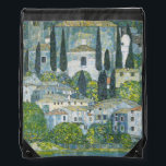 Church (Kirche) in Cassone by Gustav Klimt Drawstring Bag<br><div class="desc">Church in Cassone - Landscape with Cypresses (aka Kirche in Cassone - Landschaft mit Zypressen) (1913) by Gustav Klimt is a vintage Victorian Era Symbolism fine art painting featuring a church in the town of Cassone with surrounding stone buildings and cypress trees on the edge of Lake Garda in Italy....</div>
