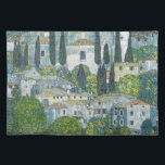 Church (Kirche) in Cassone by Gustav Klimt Placemat<br><div class="desc">Church in Cassone - Landscape with Cypresses (aka Kirche in Cassone - Landschaft mit Zypressen) (1913) by Gustav Klimt is a vintage Victorian Era Symbolism fine art painting featuring a church in the town of Cassone with surrounding stone buildings and cypress trees on the edge of Lake Garda in Italy....</div>