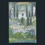 Church (Kirche) in Cassone by Gustav Klimt Tea Towel<br><div class="desc">Church in Cassone - Landscape with Cypresses (aka Kirche in Cassone - Landschaft mit Zypressen) (1913) by Gustav Klimt is a vintage Victorian Era Symbolism fine art painting featuring a church in the town of Cassone with surrounding stone buildings and cypress trees on the edge of Lake Garda in Italy....</div>