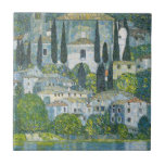 Church (Kirche) in Cassone by Gustav Klimt Tile<br><div class="desc">Church in Cassone - Landscape with Cypresses (aka Kirche in Cassone - Landschaft mit Zypressen) (1913) by Gustav Klimt is a vintage Victorian Era Symbolism fine art painting featuring a church in the town of Cassone with surrounding stone buildings and cypress trees on the edge of Lake Garda in Italy....</div>