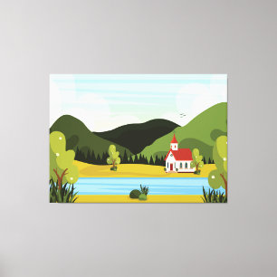 Church landscape with river canvas print