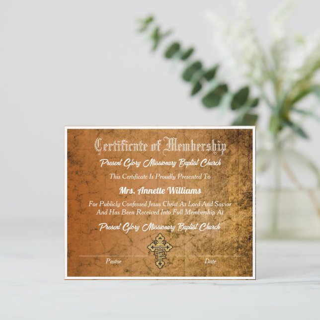 Church Membership Certificate (Standing Front)