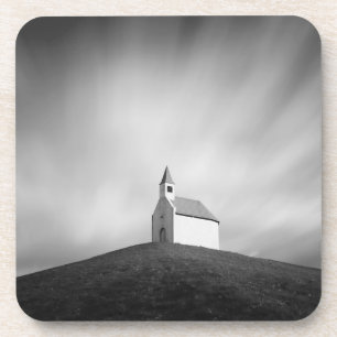 Church on a hill in black and white coaster