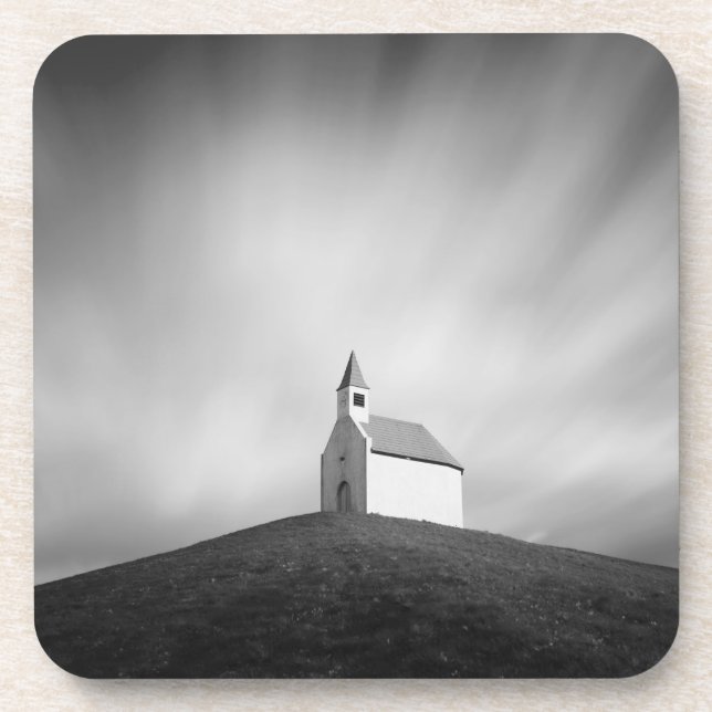 Church on a hill in black and white coaster (Front)