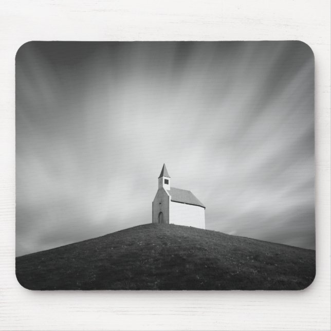 Church on a hill in black and white mouse pad (Front)