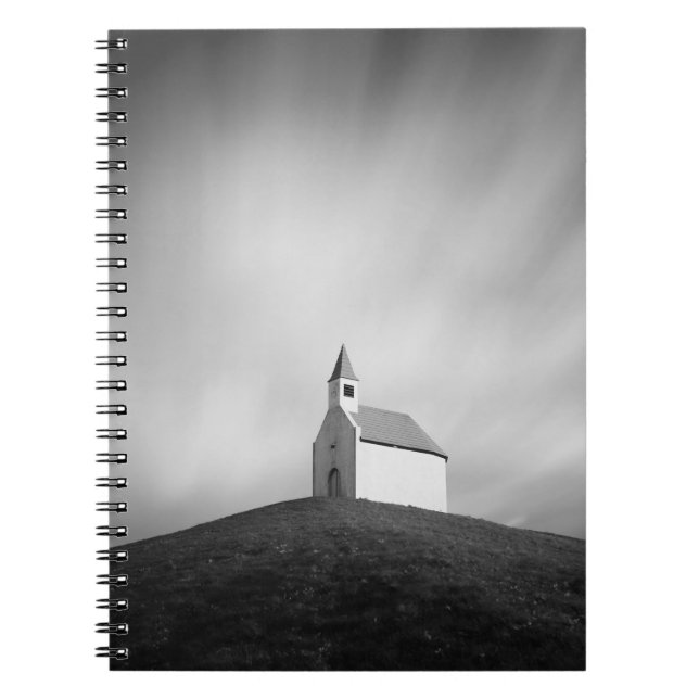 Church on a hill in black and white notebook (Front)