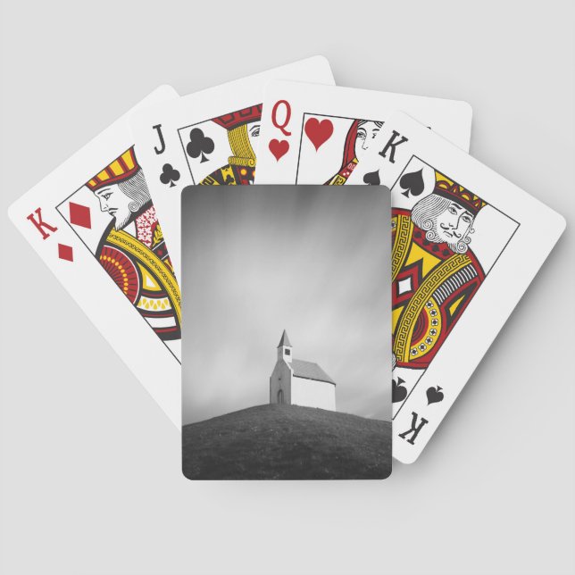 Church on a hill in black and white playing cards (Back)