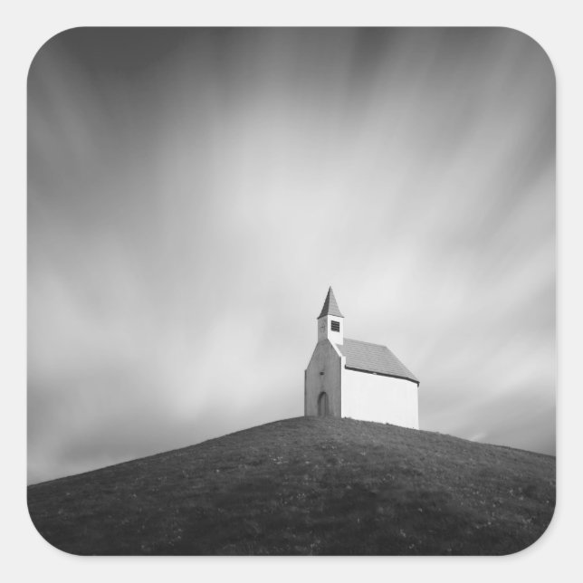 Church on a hill in black and white square sticker (Front)