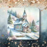 Church on a Snowy Winter Day | Christmas Square Sticker<br><div class="desc">Watercolor church with two pretty crosses on a snowy winter day Christmas card. Pretty envelope sealers for Christmas Cards.</div>