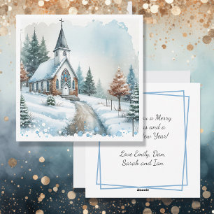 Church on a Winter Day   Watercolor Christmas Holiday Card