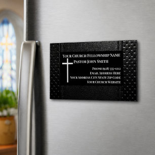 Church Pastor BLACK Leather Christian Magnetic Business Card