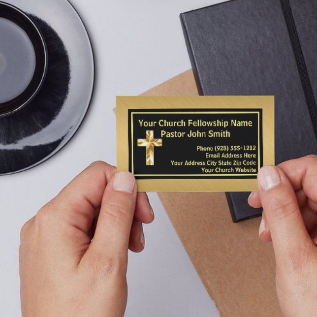 Church Pastor Classy Brushed Gold Black Business Card (Creator Uploaded)