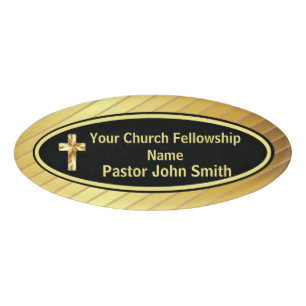 Church Pastor Classy Gold And Black Oval Name Tag