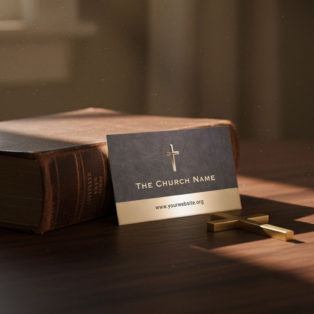 Church Pastor Elegant Dark Leather Gold Border Business Card (Creator Uploaded)