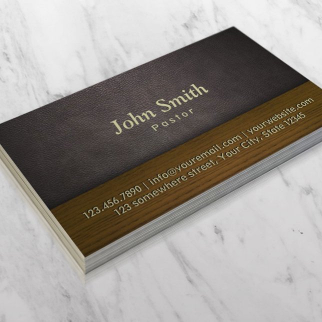 Church Pastor Elegant Leather & Wood Business Card (Creator Uploaded)