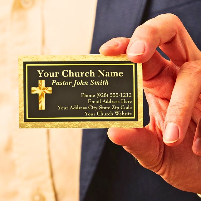 Church Pastor Gold And Black Business Cards (Elegant Gold & Black Church Business Card)